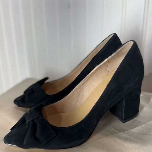 Kate Spade NY Black Suede Block Heel Pumps 7M Bow Detail Classic Dress Shoes - Picture 2 of 7